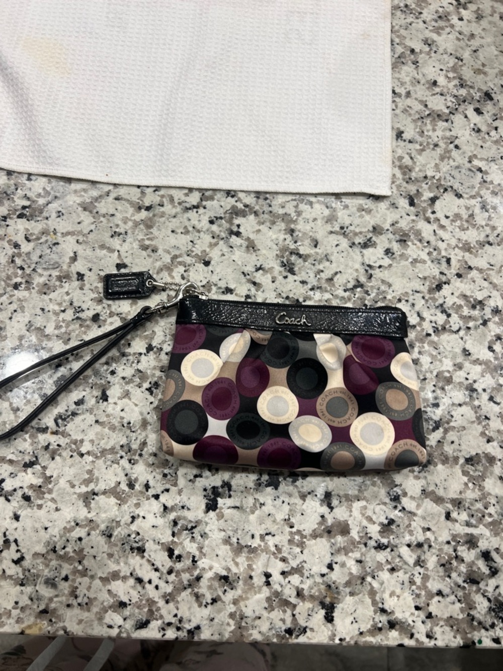 Coach Multicolor Circle Print Wristlet in Plum, Black & Cream